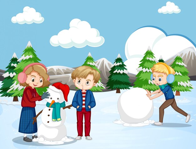 Escena con niños felices haciendo muñeco de nieve en el campo de nieve