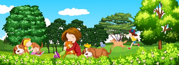 Escena con niños y mascota en el parque.
