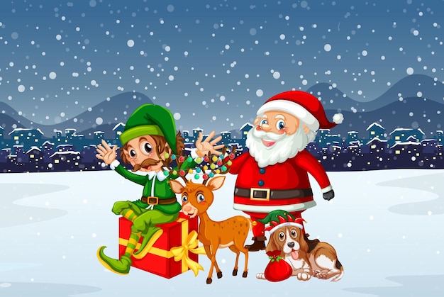 Escena de la noche de Navidad nevada con Santa Claus y amigos