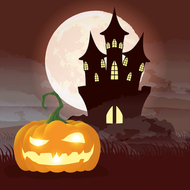 Escena de la noche oscura de Halloween con calabaza y castillo