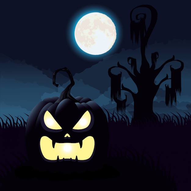 Escena de la noche oscura de Halloween con calabaza