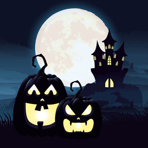Escena de la noche oscura de Halloween con calabazas y castillo