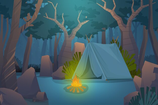 Escena nocturna de camping de aventura. Carpa con fondo de bosque de fogata, roca y madera, ilustración de dibujos animados de paisaje