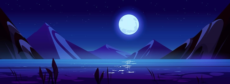 Vector gratuito escena nocturna con la luna de las montañas del lago en el cielo