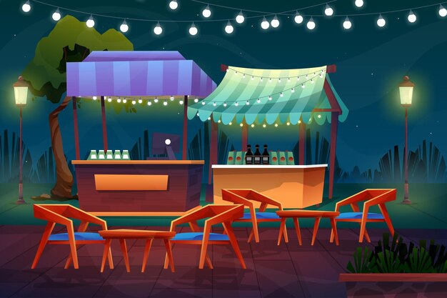 Escena nocturna de mini stand o tienda de bebidas con silla y mesa cerca del parque natural