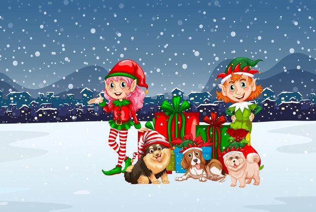 Escena nocturna nevada con personajes de dibujos animados de Navidad