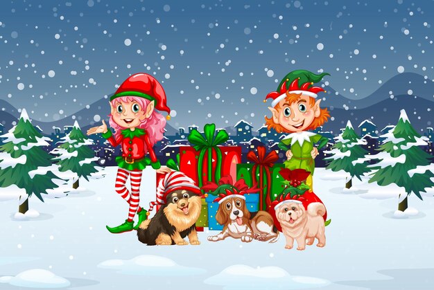 Escena nocturna nevada con personajes de dibujos animados de Navidad