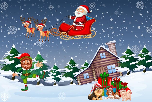 Escena nocturna nevada con personajes de dibujos animados de Navidad