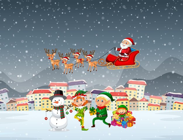 Escena nocturna nevada con personajes de dibujos animados de Navidad