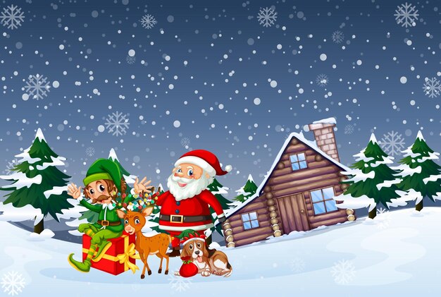Escena nocturna nevada con personajes de dibujos animados de Navidad