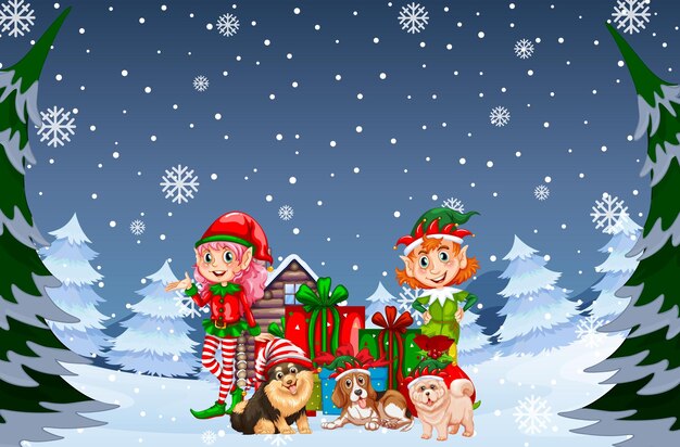 Escena nocturna nevada con personajes de dibujos animados de Navidad