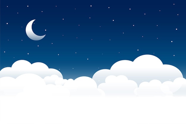 Vector gratuito escena nocturna de nubes esponjosas con luna y estrellas.