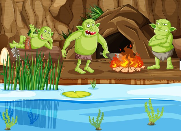 Escena nocturna con personaje de dibujos animados duende o troll