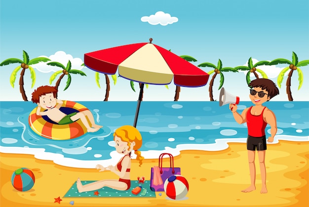 Escena oceánica con gente divirtiéndose en la playa.