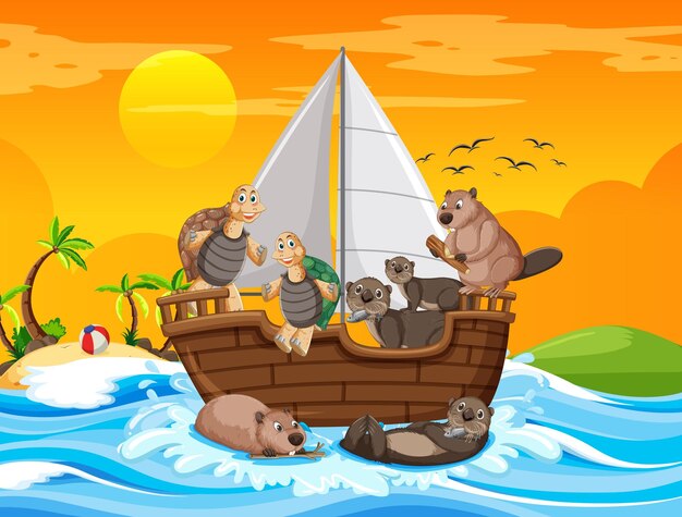 Vector gratuito escena del océano con animales salvajes en un velero.