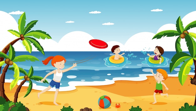 Escena del océano con gente divirtiéndose en la playa