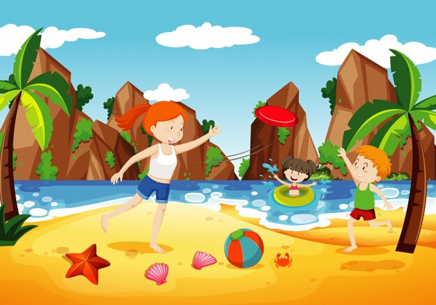 Escena del océano con gente divirtiéndose en la playa