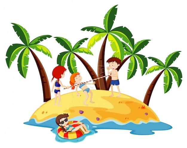 Escena del océano con niños felices jugando