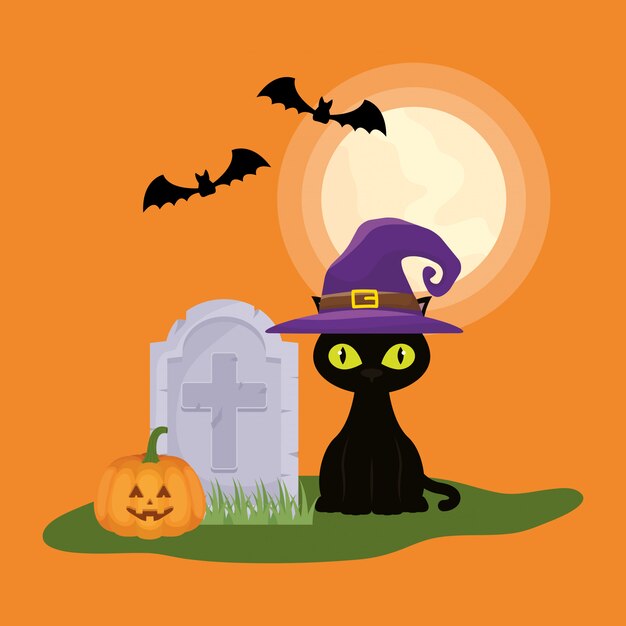 Escena oscura de Halloween con gato en cementerio