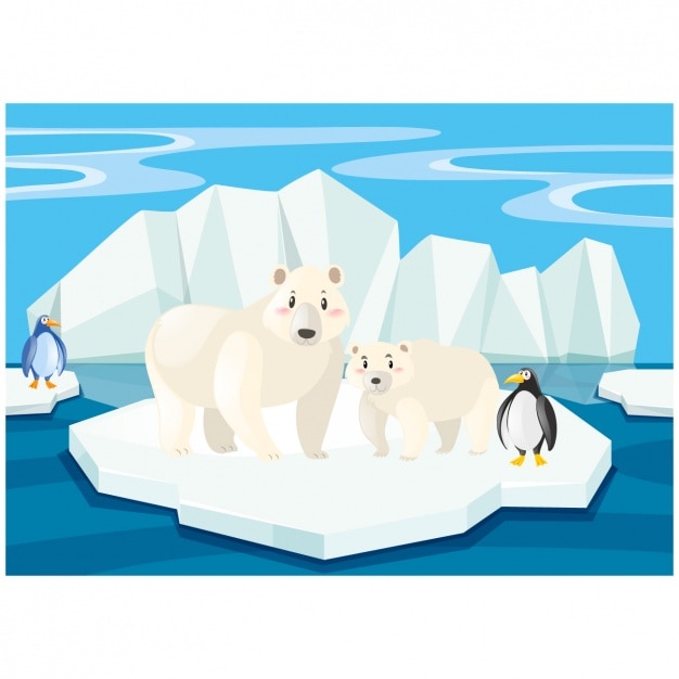 Vector gratuito escena de osos polares y pingüinos en un iceberg