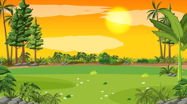 Vector gratuito escena de paisaje en blanco del parque natural al atardecer