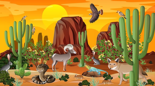 Escena del paisaje del bosque del desierto al atardecer con animales salvajes