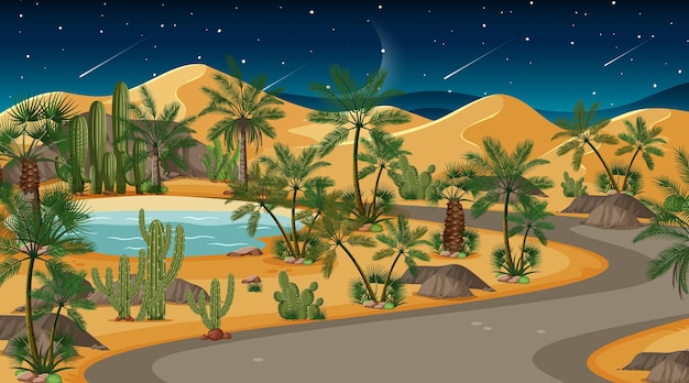 Escena del paisaje del bosque del desierto en la noche