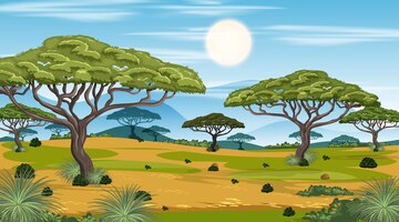 Vector gratuito escena del paisaje del bosque de la sabana africana durante el día