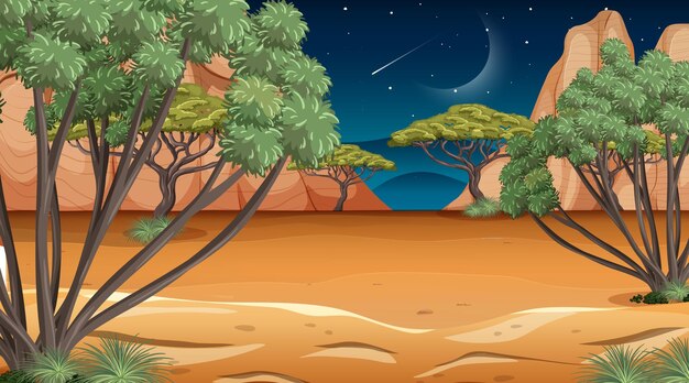 Escena de paisaje de bosque de sabana africana en la noche