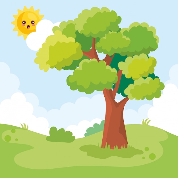 Escena del paisaje con carácter de árbol y sol