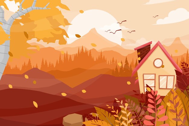 Escena de paisaje con casa de campo rural con chimenea, casa de madera en el campo, estilo de dibujos animados plana.