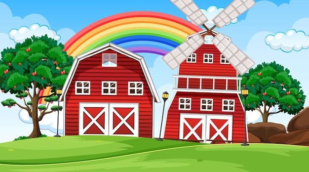 Vector gratuito escena de paisaje de granja con granero y molino de viento.