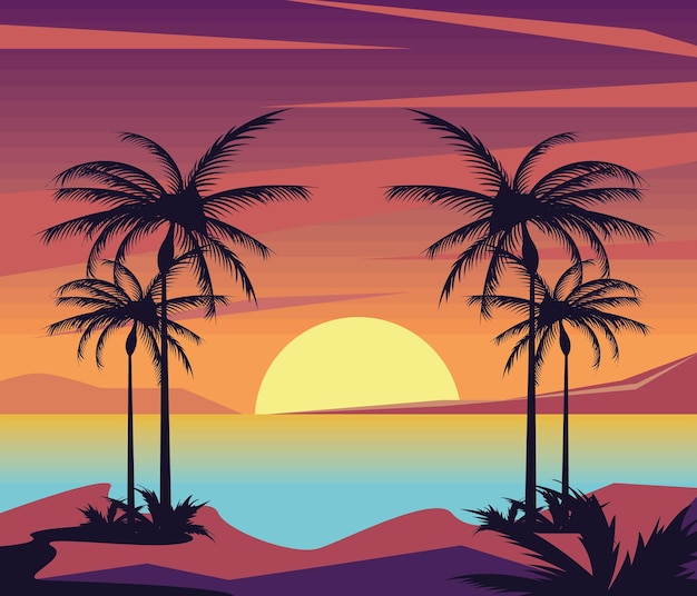 Vector gratuito escena del paisaje marino de playa con palmeras