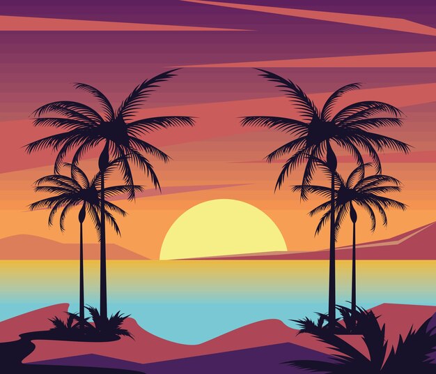 Escena del paisaje marino de playa con palmeras