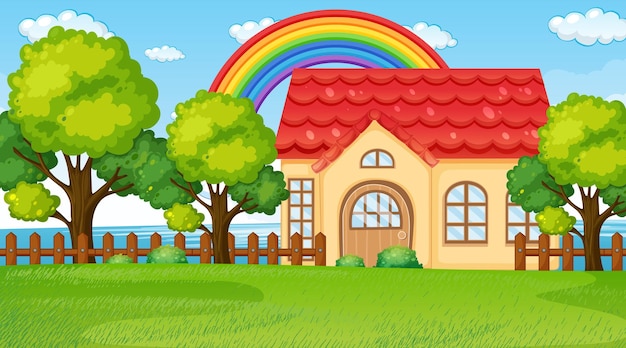 Vector gratuito escena de paisaje natural con una casa y un arco iris en el cielo.