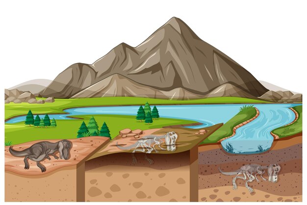 Escena del paisaje natural durante el día con fósiles de dinosaurios en capas de suelo