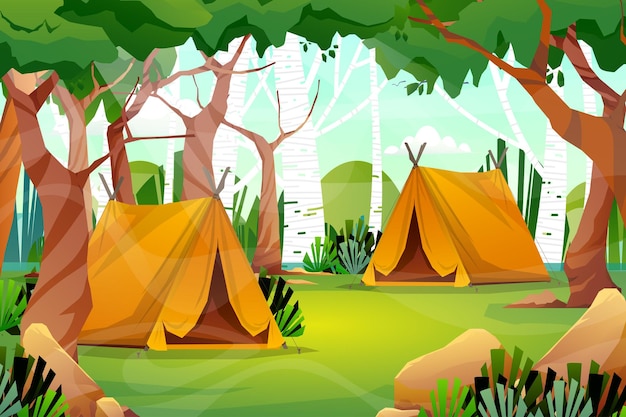 Escena de paisaje con naturaleza y carpa en camping en vacaciones
