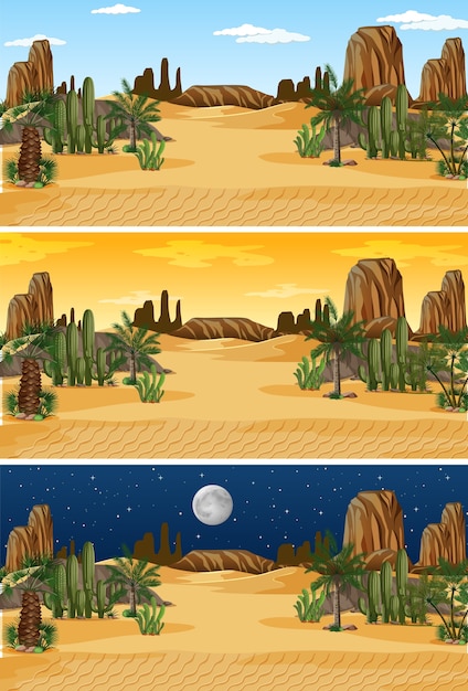 Escena del paisaje de la naturaleza del desierto en diferentes momentos del día.