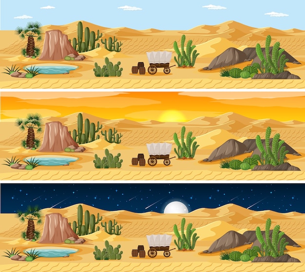 Vector gratuito escena del paisaje de la naturaleza del desierto en diferentes momentos del día.