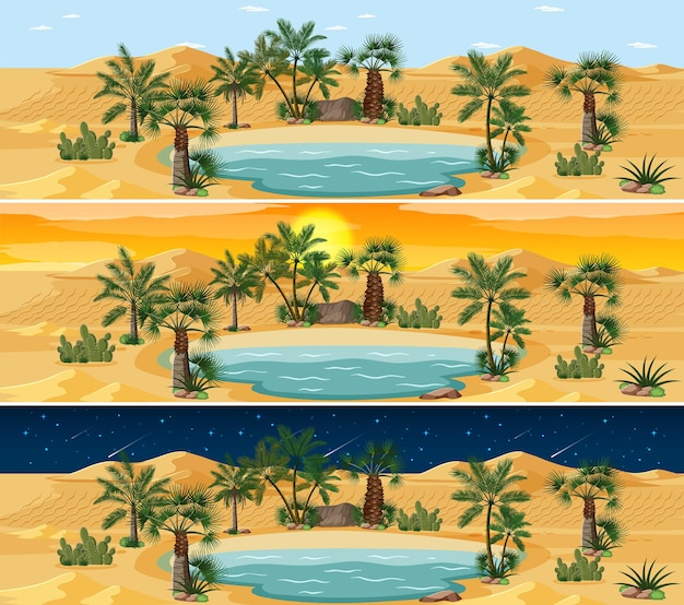 Vector gratuito escena del paisaje de la naturaleza del desierto en diferentes momentos del día.