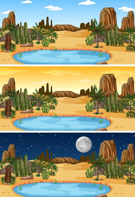 Escena del paisaje de la naturaleza del desierto en diferentes momentos del día.