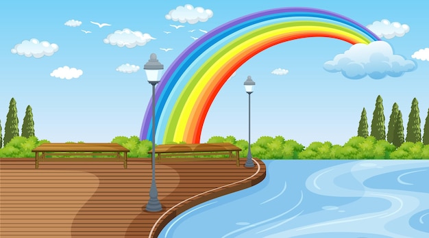 Vector gratuito escena del paisaje del parque con arco iris en el cielo.