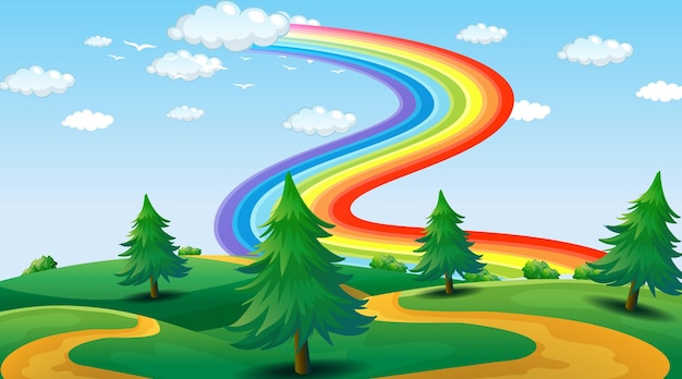 Vector gratuito escena del paisaje del parque con arco iris en el cielo.