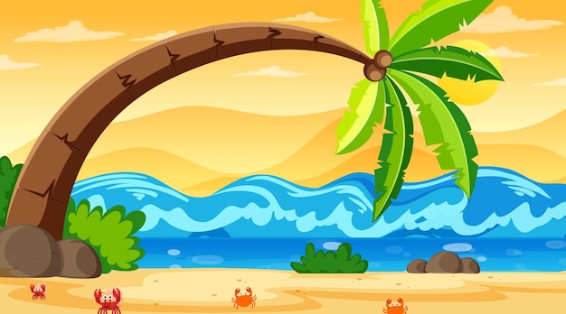 Vector gratuito escena de paisaje de playa tropical con un gran cocotero