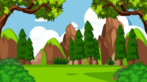 Escena de paisaje de pradera en blanco con muchos árboles y acantilados
