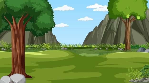 Escena de paisaje de pradera en blanco con muchos árboles y fondo de acantilado
