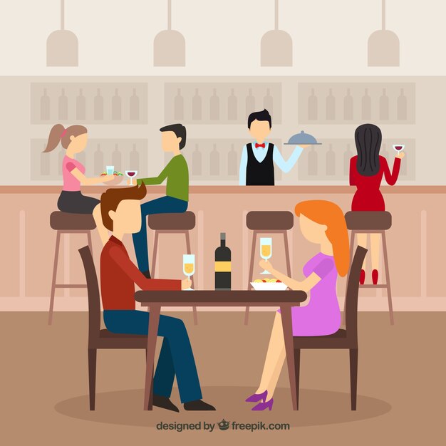 Escena de pareja cenando en un restaurante en diseño plano