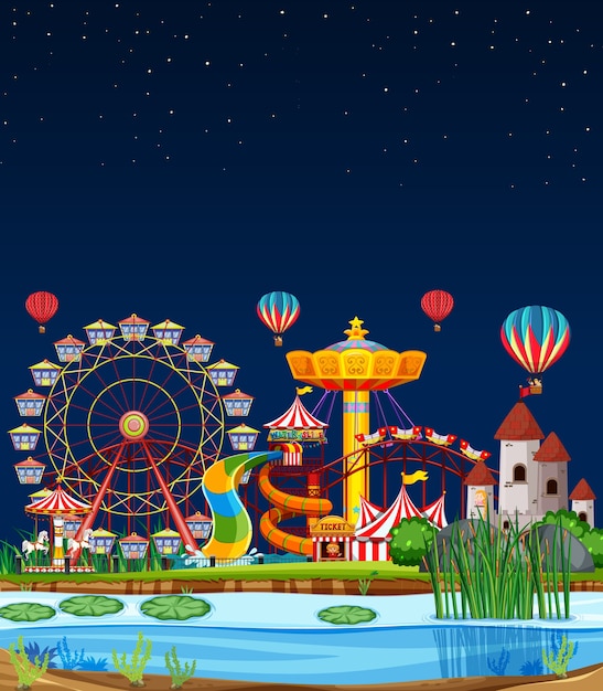 Vector gratuito escena del parque de atracciones en la noche con globos en el cielo.