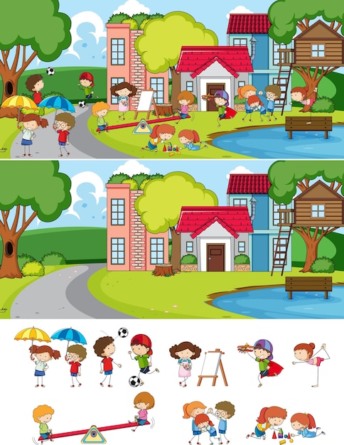 Vector gratuito escena del parque con muchos niños doodle personaje de dibujos animados aislado