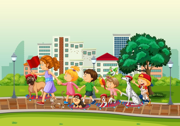 Vector gratuito escena del parque con niños jugando con sus animales.